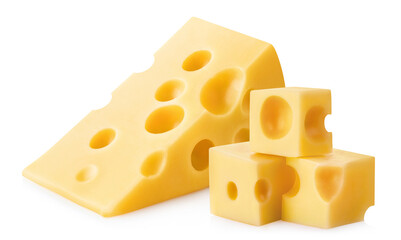 Delicious cheese pieces, isolated on white background