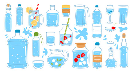 Glass, plastic water bottle, jug, cup and containers set, vector drink beverages icons. Glass cup of soda, beer and wine, flat line juice pitcher, whiskey carafe, ice tea mug and mineral water bottle