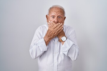 Senior man with grey hair standing over isolated background shocked covering mouth with hands for...