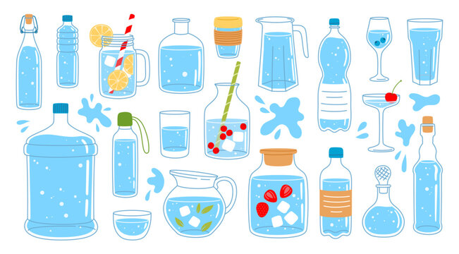 Glass, plastic water bottle, jug, cup and containers set, vector drink beverages icons. Glass cup of soda, beer and wine, flat line juice pitcher, whiskey carafe, ice tea mug and mineral water bottle