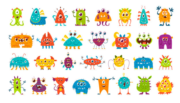 Cartoon monster characters, cute funny alien animals, vector set. Kids cartoon monsters, devils and goblins, bizarre creatures of troll, dragon or gremlin and furry lizard with happy cyclops eye