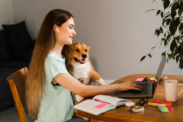 Girl chatting with friends online using laptop and showing her Corgi dog at home. Lifestyle with Welsh Corgi Pembroke. Video connection with family. Happy girl and domestic pet having fun together.