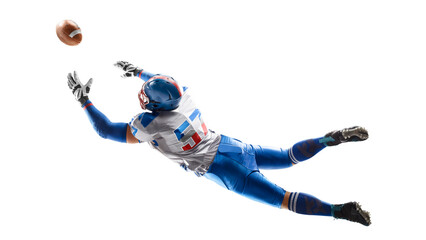 American football. Player catches the ball and flies in the air. Back view. Sportsman in action....