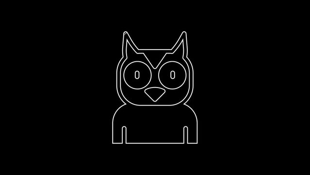 White line Owl bird icon isolated on black background. Animal symbol. 4K Video motion graphic animation