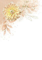 Pale watercolor dahlia flower and leaves on white background - vertical botanical design banner. Floral pastel watercolor, vintage style