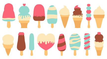 Set of different types of ice cream bar on a stick Isolated on white background. Collection of vector ice cream in waffle cones, popsicles, fruit ice, decorated with berries, chocolate or nuts.
