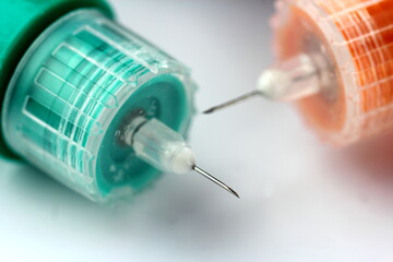 Close up of hypodermic medical needles used for varius medical drugs