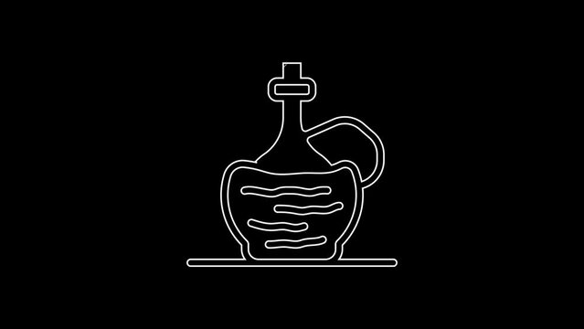 White line Wine in italian fiasco bottle icon isolated on black background. Wine bottle in a rattan stand. 4K Video motion graphic animation
