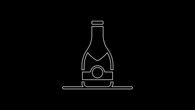 White line Champagne bottle icon isolated on black background. 4K Video motion graphic animation