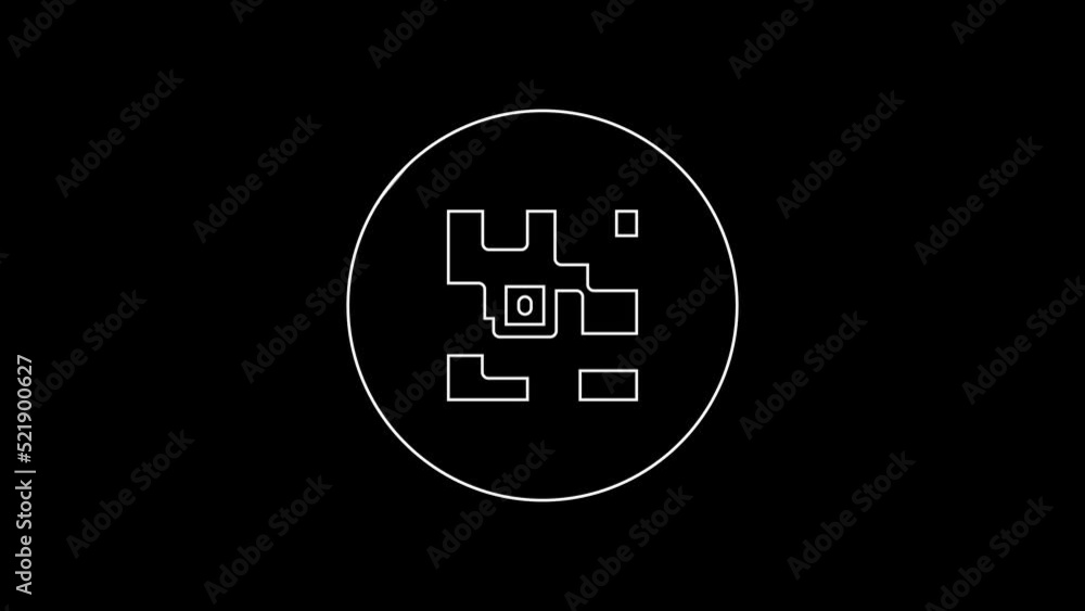 Poster white line qr code sample for smartphone scanning icon isolated on black background. 4k video motion