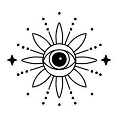 Evil doodle eye. Hand drawn witchcraft eye talisman, magical religion sacred symbol in a trending minimal linear style. For t-shirt prints, boho posters, cards, covers, logo designs and tattoos.