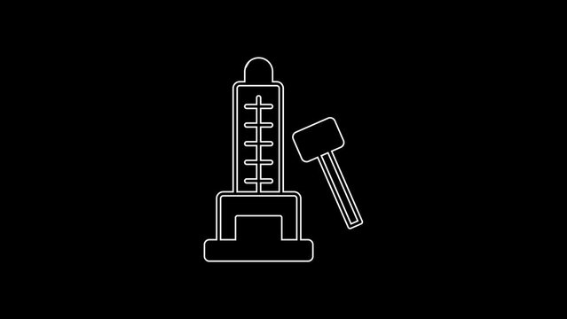 White line High striker attraction with big hammer icon isolated on black background. Attraction for measuring strength. Amusement park. 4K Video motion graphic animation