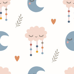 Seamless pattern with cloud and moon in boho style. Print for nursery decor. Vector illustration