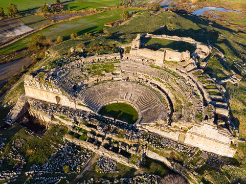 Aerial drone view of Miletus ancient theater ruins, Aydin Province, Turkey