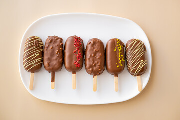  chocolate cupcake ice cream.biscuits on a stick in the form of ice cream set on a beige background.Summer desserts.