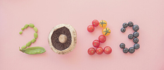 2023 made from healthy food, New year health resolution, diet goal plan and lifestyle wellness...