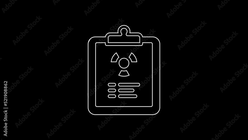Poster white line radiation warning document icon isolated on black background. text file. 4k video motion 