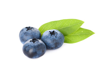 Tasty ripe fresh blueberries and green leaves on white background
