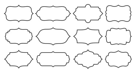 Fototapeta premium Label set, different shape, line style. Contour frame for text about product, sale info, certificate, blank, card. Empty sticker template for jar, container, bottle, pack. Outline retro border design