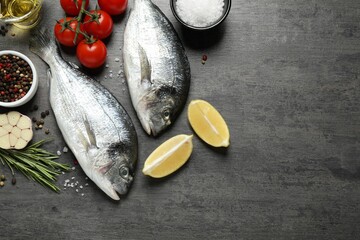Flat lay composition with raw dorada fish on grey table