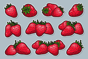 Ripe strawberry sticker set. Realistic whole red berries groups. Healthy sweet fresh fruit. Cartoon stickers with contour for card poster, embroidery patch, packaging tag, flyer emblem, scrapbooking