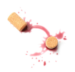 Bottle corks with wine stains on white background, top view