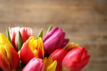 Fototapeta premium Beautiful spring tulips on blurred background, closeup
