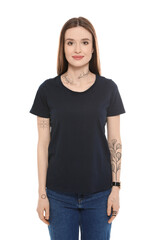 Obraz premium Attractive woman with beautiful tattoo sketches on white background