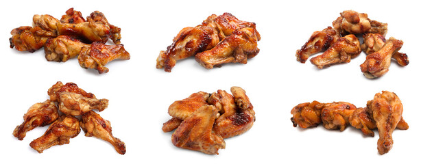 Set with tasty roasted chicken wings on white background. Banner design