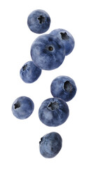 Tasty fresh ripe blueberries falling on white background