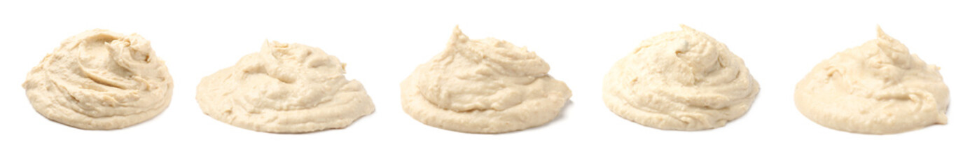 Set with tasty hummus on white background. Banner design