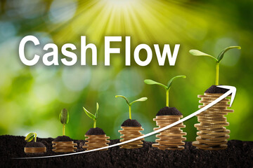 Cash Flow concept. Illustration of upward arrow and stacked coins with green seedlings on ground