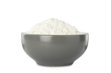 Fototapeta na wymiar Fresh flour in grey bowl isolated on white