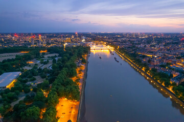 Aerial London, England, City Area Sunset up the Thames towards Big Ben