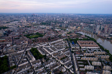 Aerial London, England, City Area Sunset up the Thames towards Big Ben