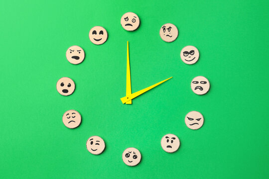 Mood indicator on green background, flat lay. Emotional management