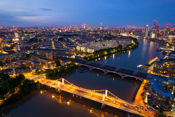 Aerial London, England, City Area Sunset up the Thames towards Big Ben