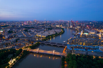Fototapeta na wymiar Aerial London, England, City Area Sunset up the Thames towards Big Ben