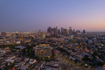 Fototapeta na wymiar Downtown Los Angeles At Sunset DTLA Aerial View