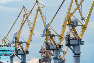 Fototapeta na wymiar construction cranes of the shipyard on the Neva River in St. Petersburg in cloudy weather