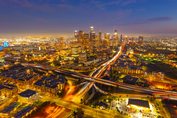 Fototapeta na wymiar Downtown Los Angeles At Sunset DTLA Aerial View