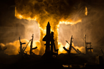 Creative artwork decoration war on Ukraine. Crowd looking on giant explosion and attacking soldiers.