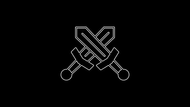 White line Crossed medieval sword icon isolated on black background. Medieval weapon. 4K Video motion graphic animation