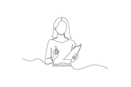 Single one line drawing Female teacher teaches using notes and pen in her hand. International teacher's day concept. Continuous line draw design graphic vector illustration.