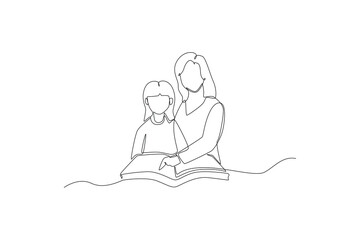 Single one line drawing female teacher teaching girl pupil reading book in classroom. International teacher's day concept. Continuous line draw design graphic vector illustration.