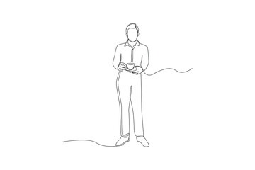 Continuous one line drawing businessman standing and holding a cup of coffee in his hand. Single line draw design vector graphic illustration.