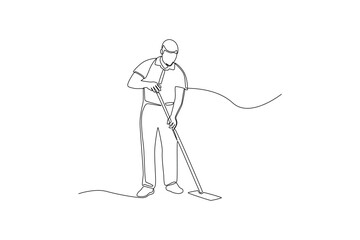 Continuous one line drawing male janitor mopping floor in office. Office cleaning services concept. Single line draw design vector graphic illustration.
