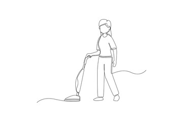 Continuous one line drawing Female janitor cleaning floor with vacuum cleaner in room. Office cleaning services concept. Single line draw design vector graphic illustration.