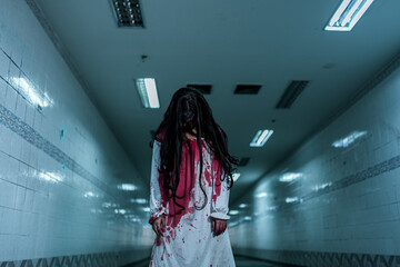 Girl ghost woman death with blood the horror is screaming darkness and nightmare dark background,...