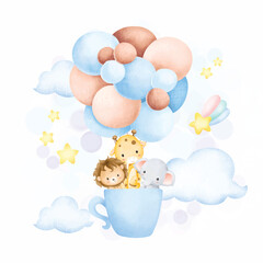 Watercolor Illustration cute safari animals in cup and balloons